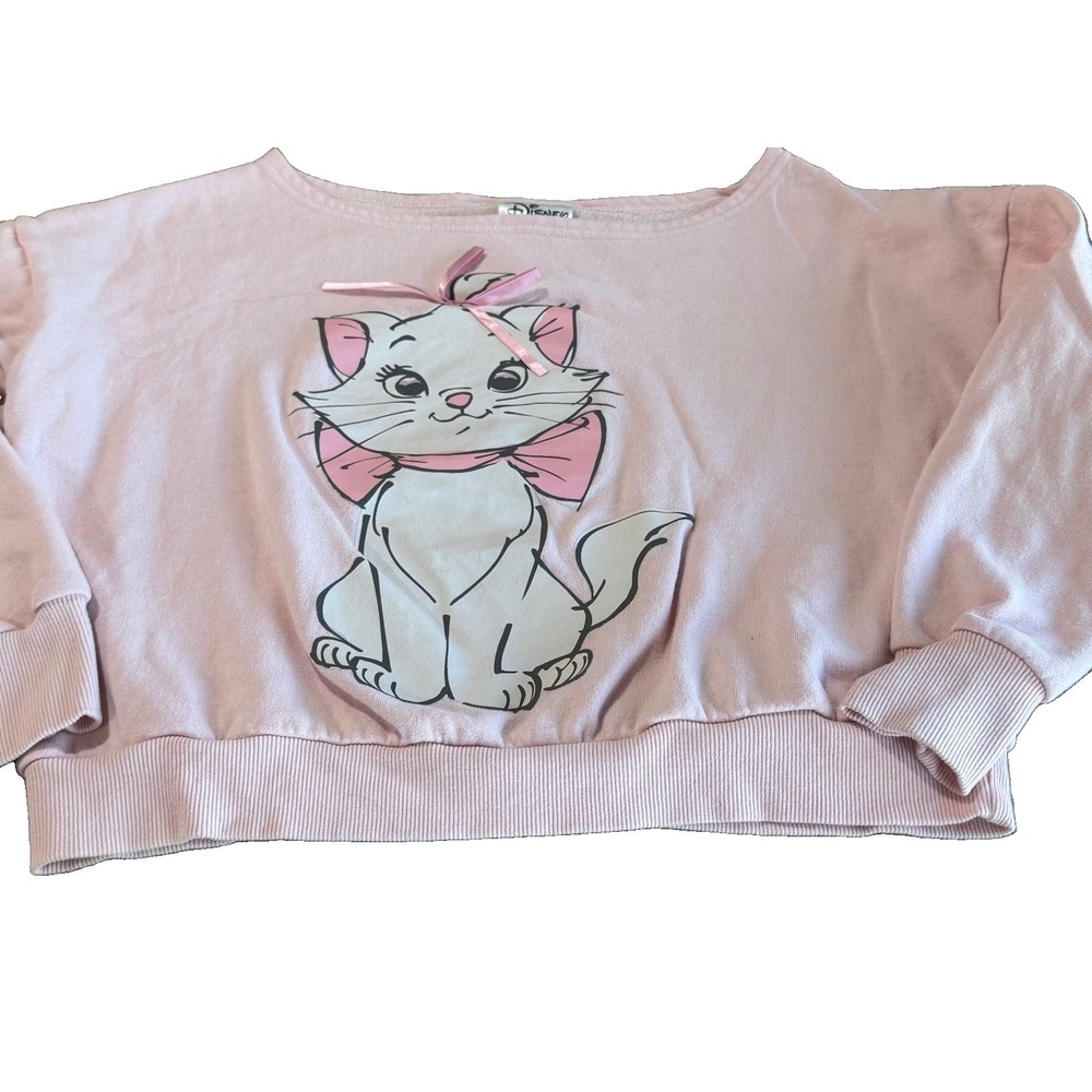 Disney Aristocats Marie Cropped Sweatshirt Women's XS Pink Bow Graphic Pullover